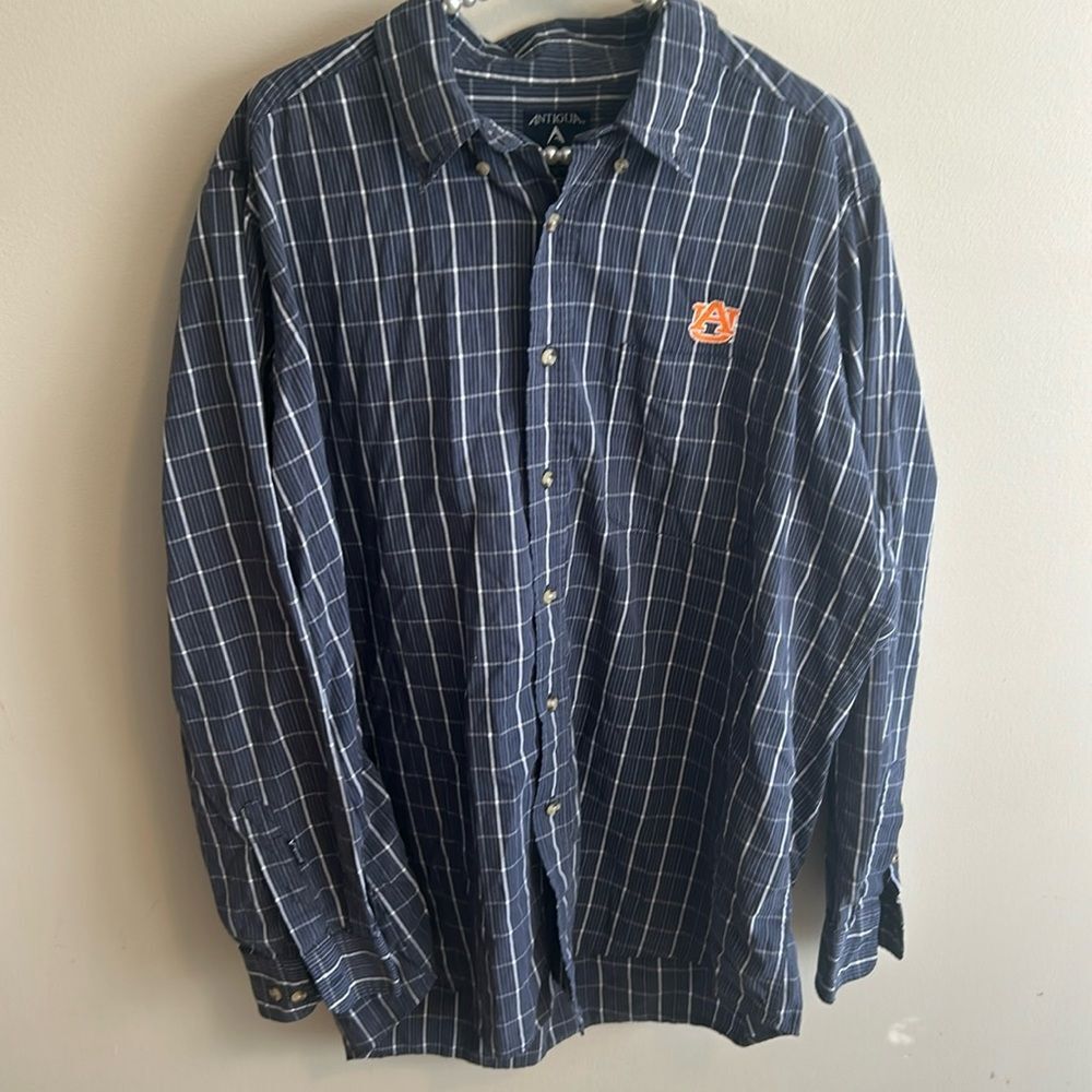 Antigua Men XL Button Down Shirt Auburn Tigers Navy White Grid Plaid Long Sleeve